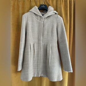 Neutral Beige & White Peacoat with Herringbone Stitching and Pleated Front